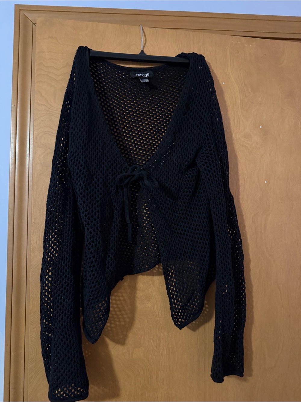 refuge Black Open-Weave Tie Front Cardigan